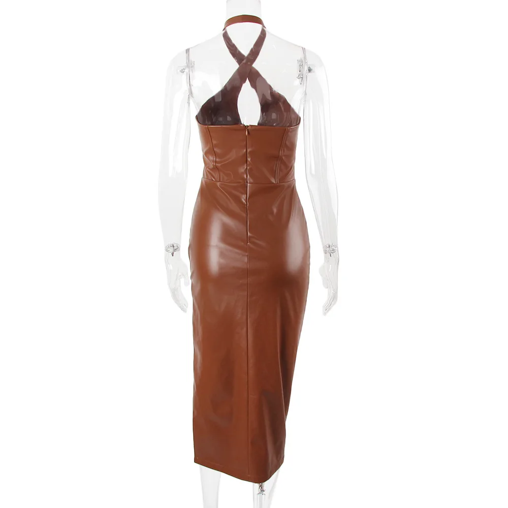 PU Leather Women Party Evening Dress Backless High Split Brown Halter  Leather Dress