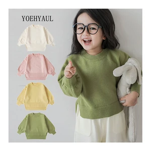 OEM / ODM Solid Color Loose Baby Girls Sweaters Child Little Girls Crew Neck Knitwear Custom Kids Knitted Sweater Top