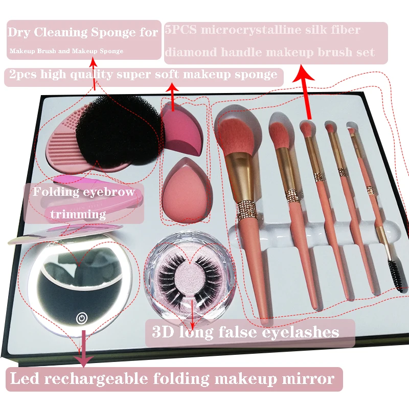 Фирменная креативная портативная светодиодная Кисть для макияжа, набор с зеркалом и ящиком для хранения, Вращающийся складной набор кистей для макияжа