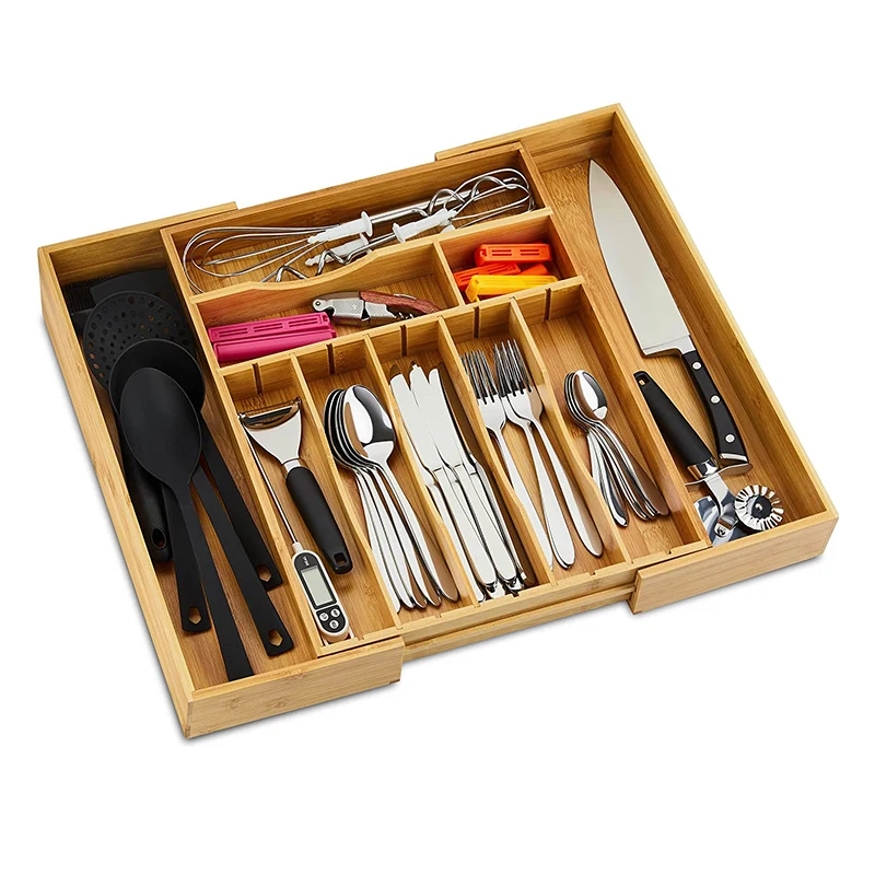 Multipurpose Space Saver Kitchen Drawer Organizer for Utensil Silverware 8-10 Compartments Adjustable Bamboo Cutlery Tray