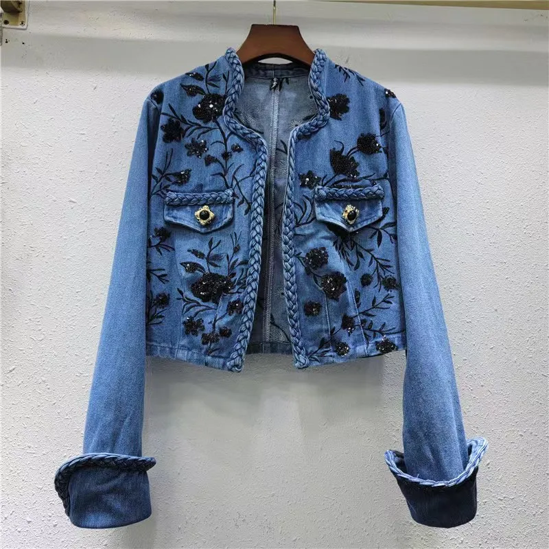 J9351 Custom Fashion Women's Rivet Jacket - Cropped Denim