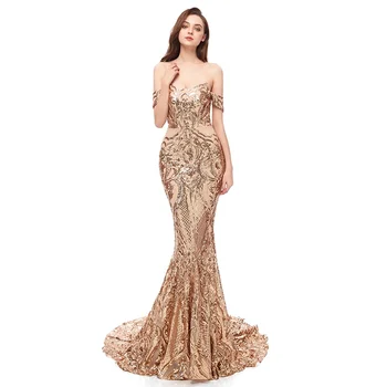 Promotion customization one shoulder mermaid wedding dress gold color