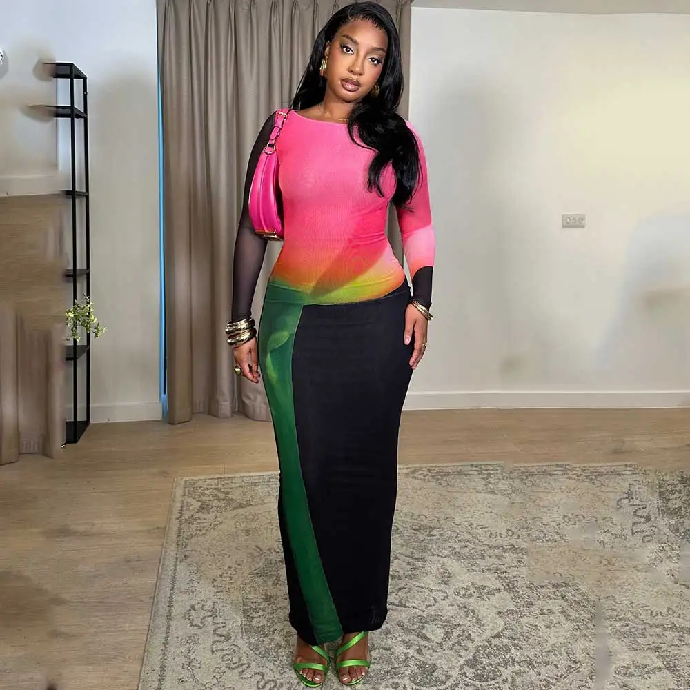 Elegant Women's Fashionable Gradient Color Block Mesh Long Sleeve