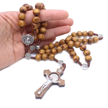Amazon high quality simple design handmade wooden cross shaped long pendant christian rosary necklace for gift