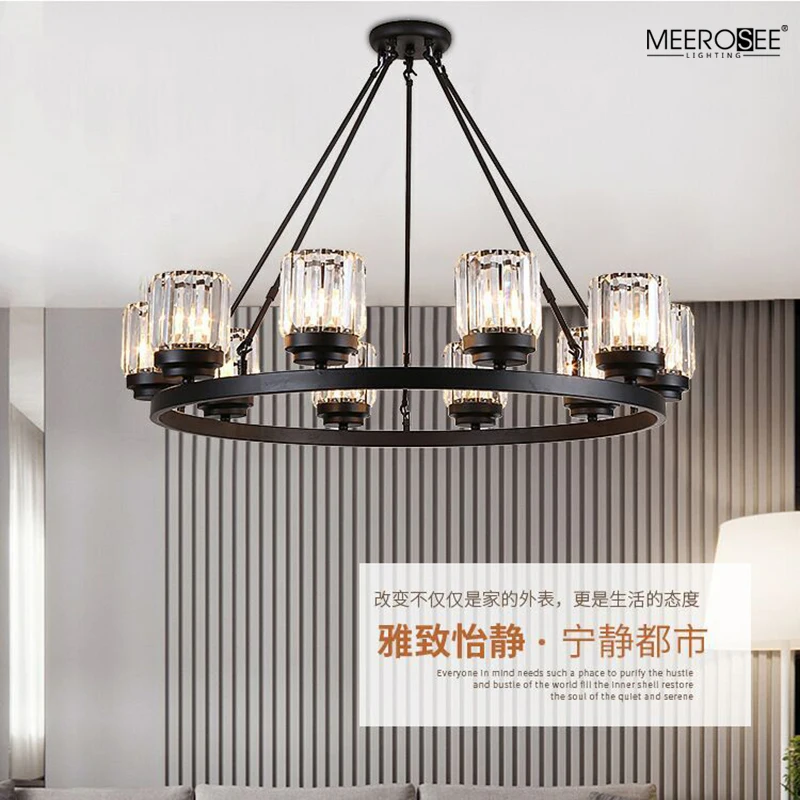 Meerosee Contemporary Crystal Chandeliers for Dining Room Rustic Pendant Lighting Fixture Hanging Round Kitchen Island MD86794