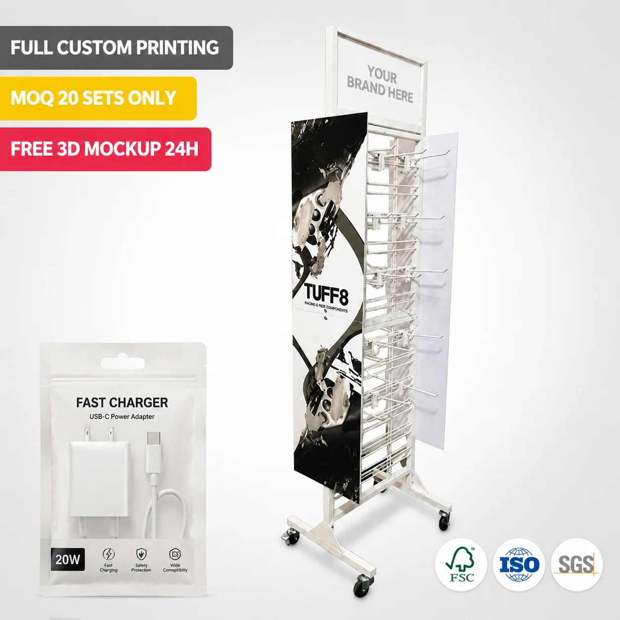 Custom Metal Mobile Phone Accessory Display Rack Floor Standing USB Cable Charger Stand Retail Fixture Gondola Gadget POS Rack