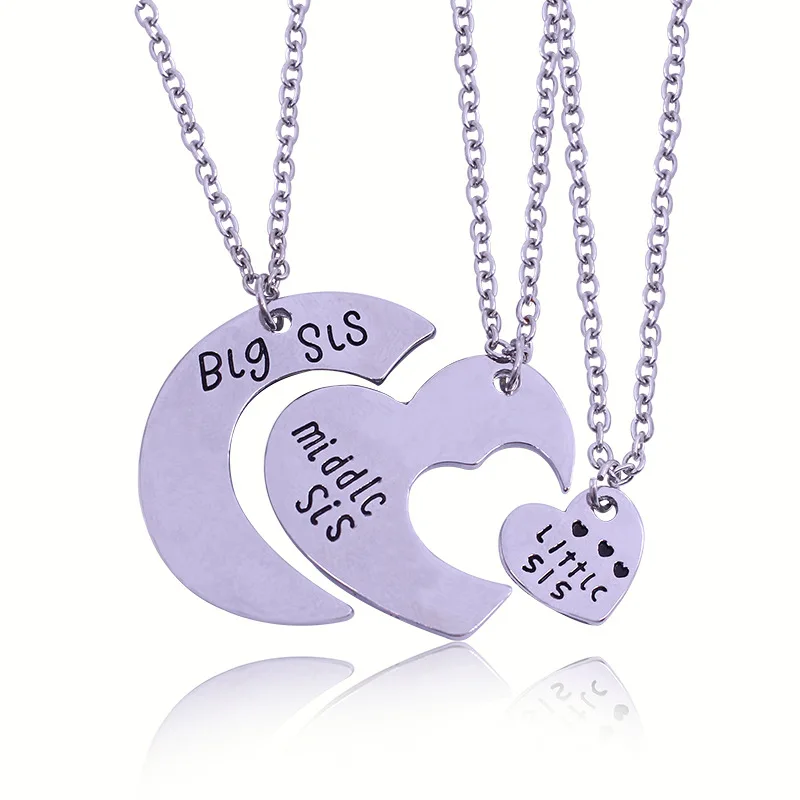 HOFOYA 3 Piece Suit Family Set Silver Love Heart Necklace Set for Sisters 