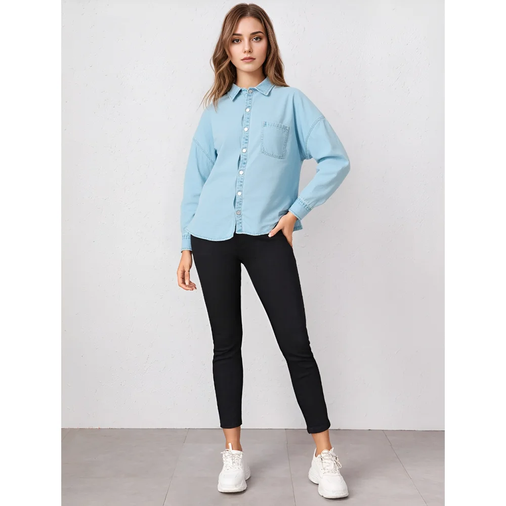 Grosir 2025 Autumn Anyar Mode Pakean Panjang Lengan Retro Longgar Denim Baju Awewe