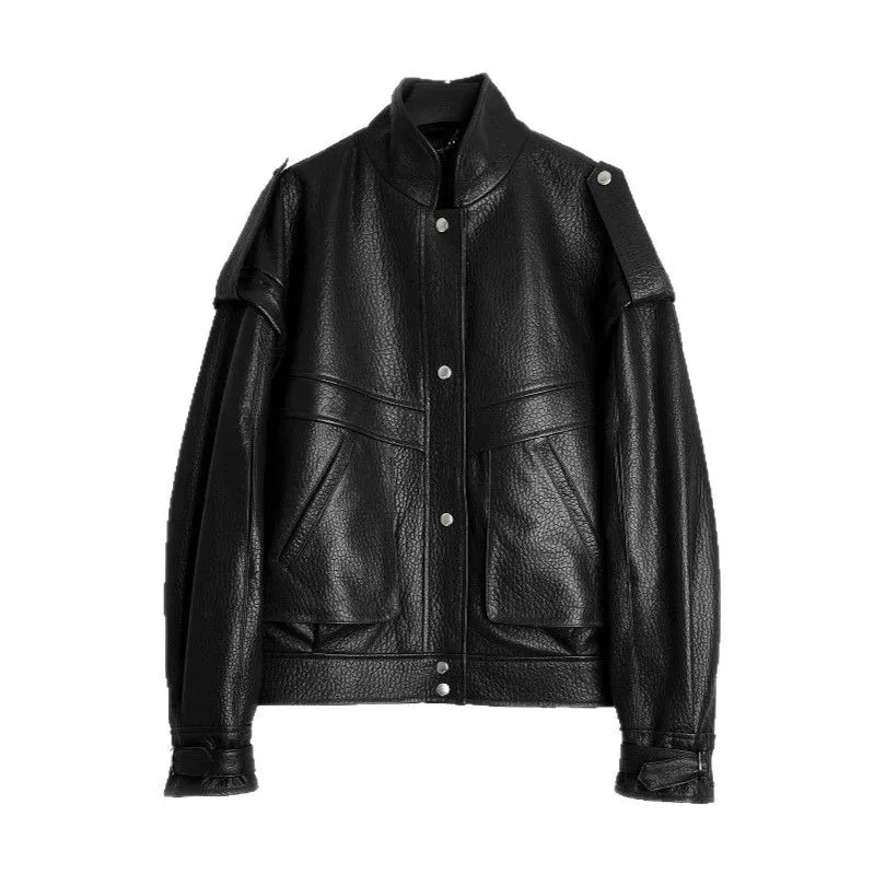 Genuine Leather Sheepskin Jacket Small Stand Collar Niche Design Pocket Shape China Spring European-American Style