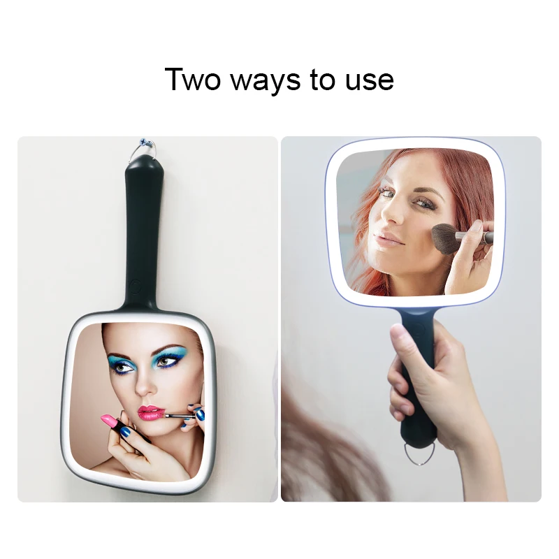 Красота Портативный Ручной Логотип Пользовательский компактный макияж светодиодный свет маленькая ручная ручка ручное зеркало с подсветкой
