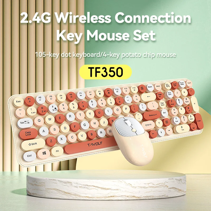 TWOLF TF350 Wireless Keyboard and Mouse Combo Colorful Keyboard Mouse Set with Round Keycaps Cute Wireless Mouse for Laptop PC