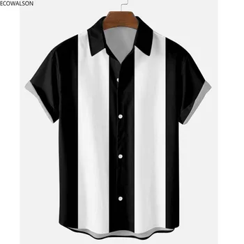 Drop Ship Men's 50s Tops Summer Retro Vertical Striped Shirts Button Up Short Sleeve Blouse Vintage Cuban Style Bowling Shirt