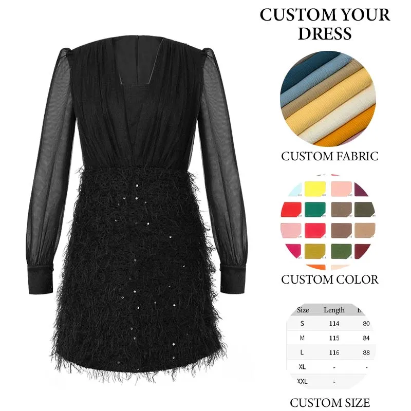 ZYHT 9915 Spring Autumn Woolen Dress Western Style Sequined Fur New Elegant Puff Sleeve Black Cocktail Party Dresses