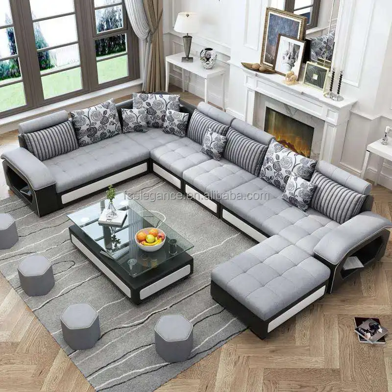 Sectional Nordic l Shape or U Shaped Reclining Modern Royal Sofa Set Fabric Sofa Cum Bed Living Room Sofa