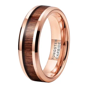 Coolstyle Jewelry 6mm Rose Gold Tungsten Ring for Men Women Engagement Wedding Band Koa Wood Inlay Beveled Edges Comfort Fit