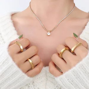 Light Luxury 18K Gold Stainless Steel Full Inlaid Cubic Zircon Tennis Chain Pendant Necklace Gift for Women