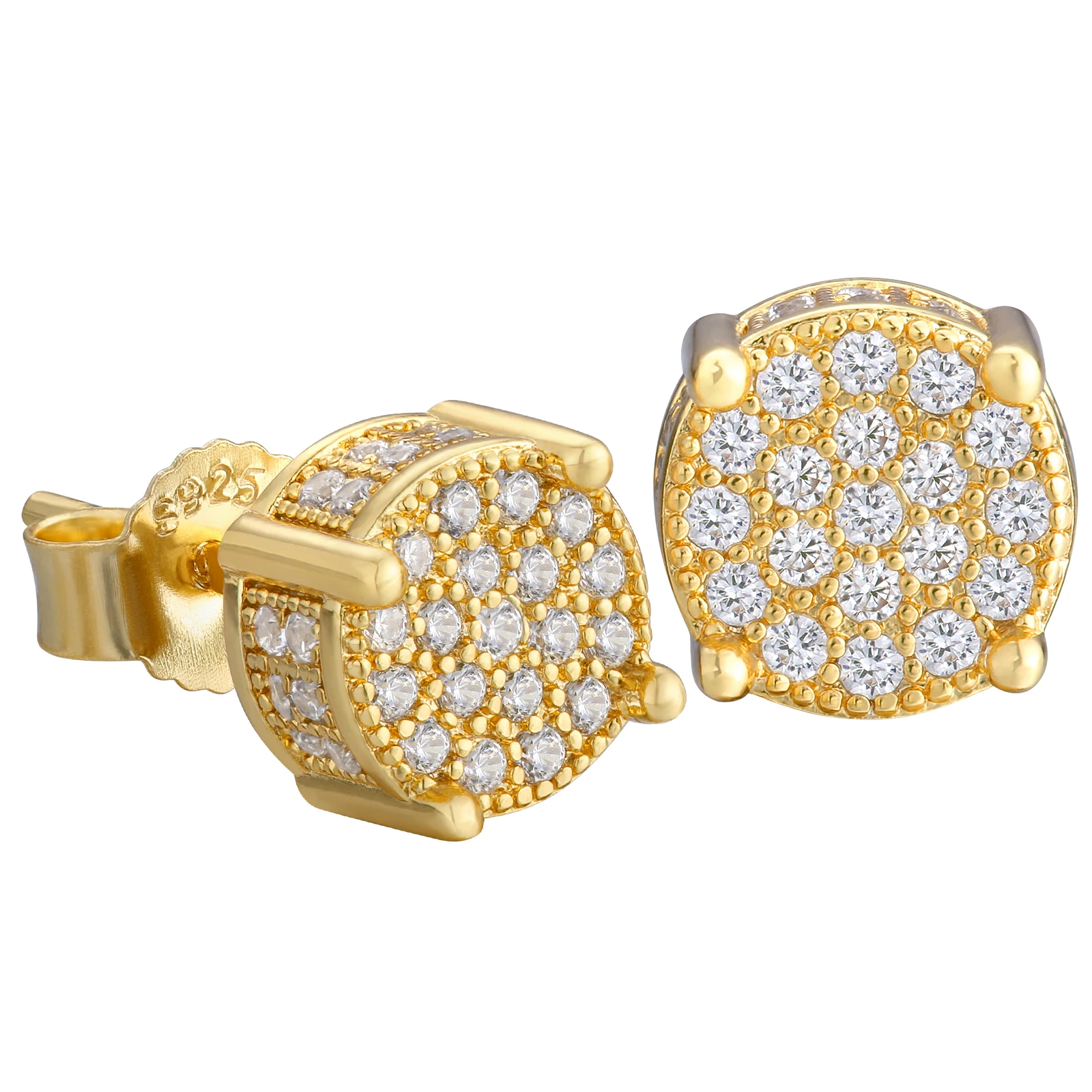 USA 14K Golden Plated 925 Sterling Silver 5A+ Cubic Zirconia Cluster Round Stud Earrings Men Women Jewelry Gift Aretes De Hombre