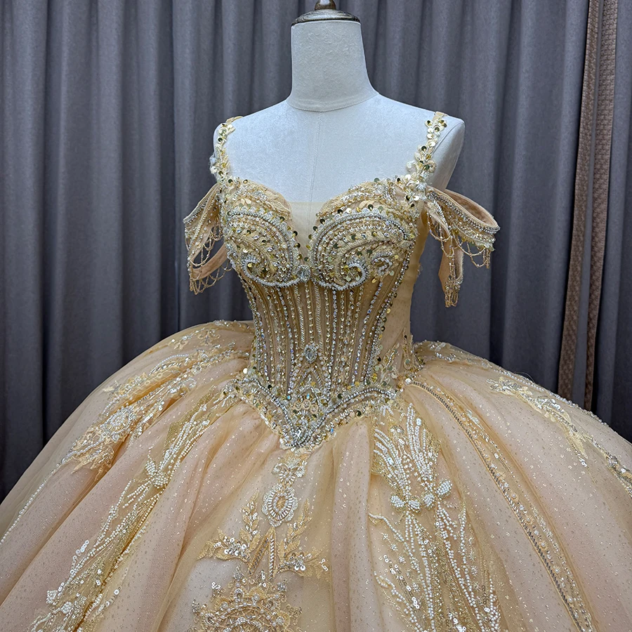 royal gold wedding dresses Luxury Bridal Ball Gown with Chapel Train, Illusion Lace-Up Back, Pearl Crystal Bow Dress Quinceanera Dress satin royal gold wedding dresses