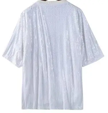 Happy Mardi Gras White Sequin Jersey Dress O-neck Short Sleeve Casual Women  Sequin Long Shirt Party Dress Streetwear