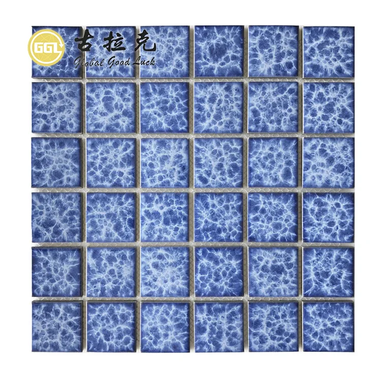 Glazed Ice Crack Mosaic Ceramic Blue Square Shape Mosaic Tiles For Wall Decor