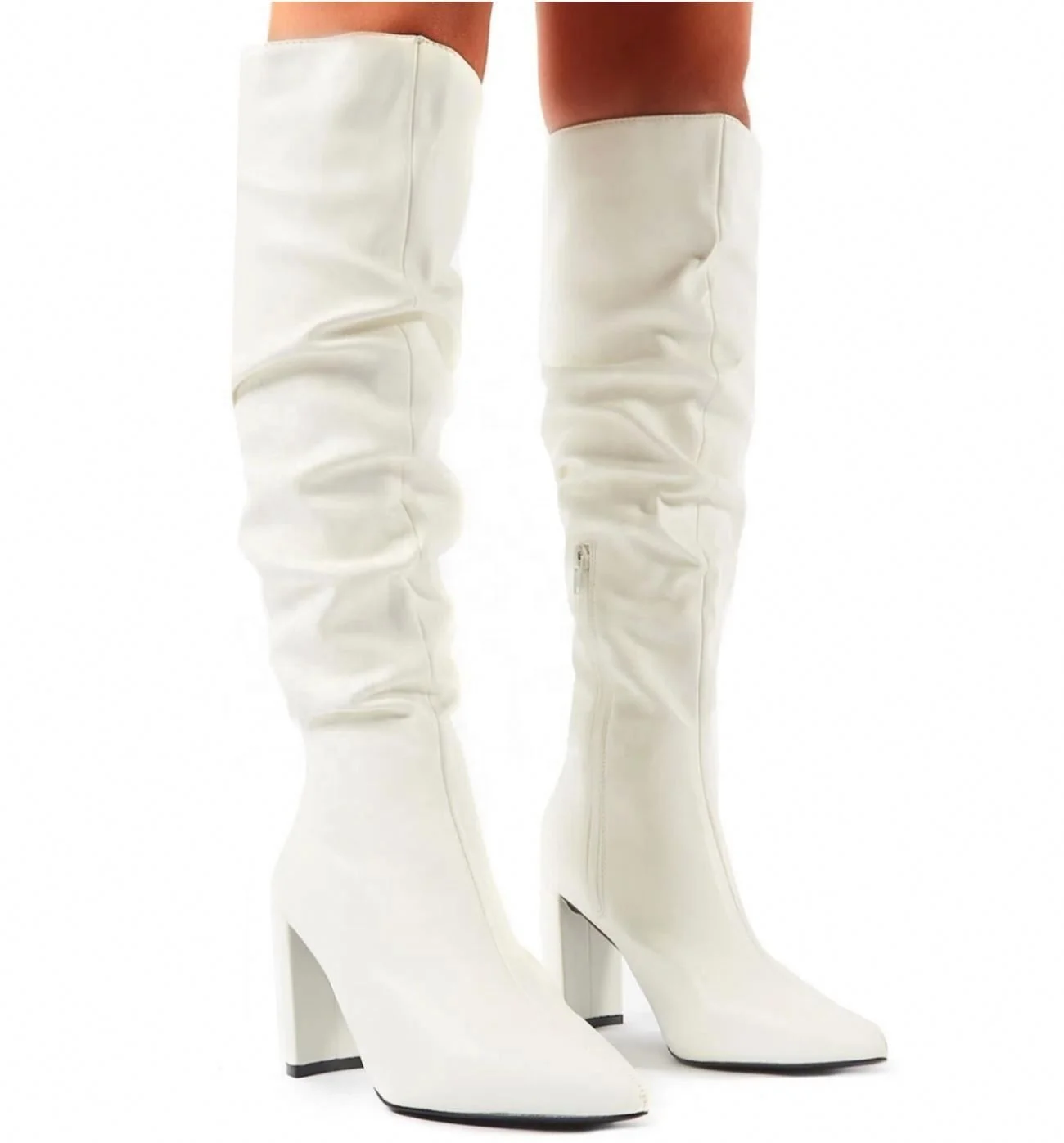 ruched leather knee high boots