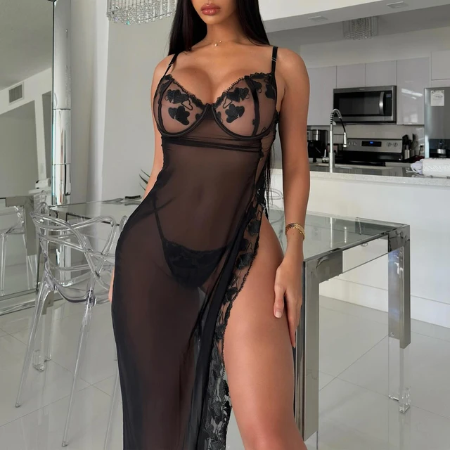 Attractive Seductive Girls' Long Dress with Black Lace Flowers Sexy Lingerie Set Knitted Fabric Hollow Decor Thin Suit Shaper