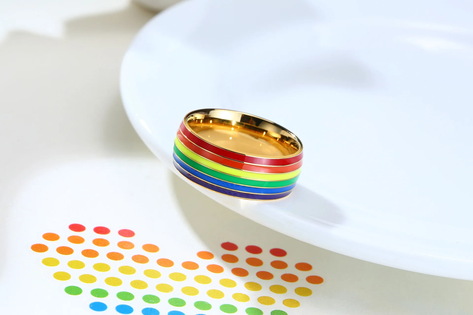 8mm Stainless Steel Enamel Rainbow Lgbt Pride Ring For Lesbian And Gay Lgbtq Pride Wedding 0966