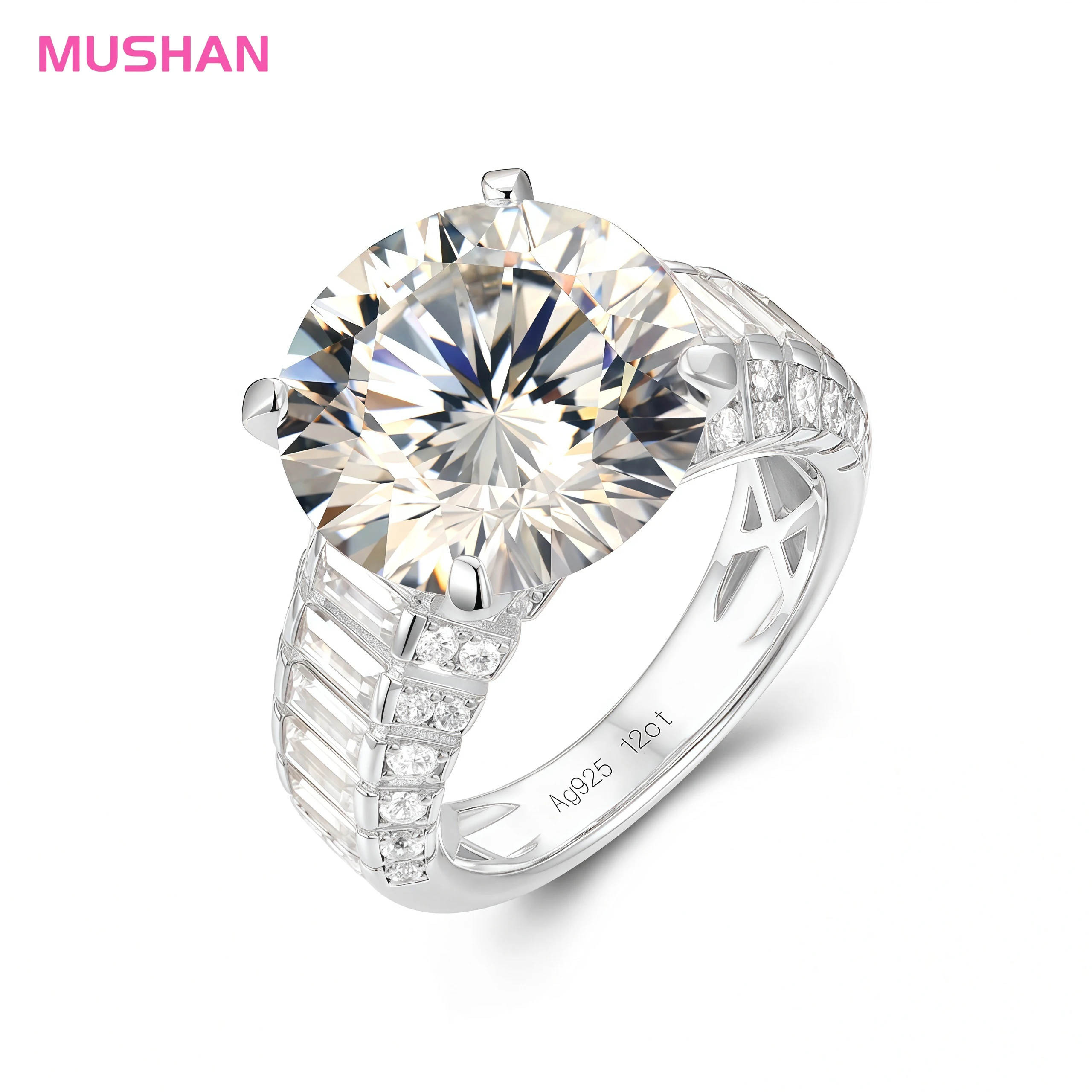 MUSHAN Jewelry Factory 12ct Round High Carbon Diamond Ring Engagement and Wedding Jewelry 925 Sterling Silver Rings for Women