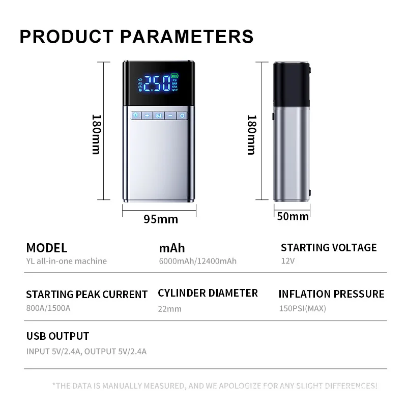 150psi Electric Air Inflation Pump 6000mAh Battery Capacity With Pocket Jump Starter for Car Emergency Tools