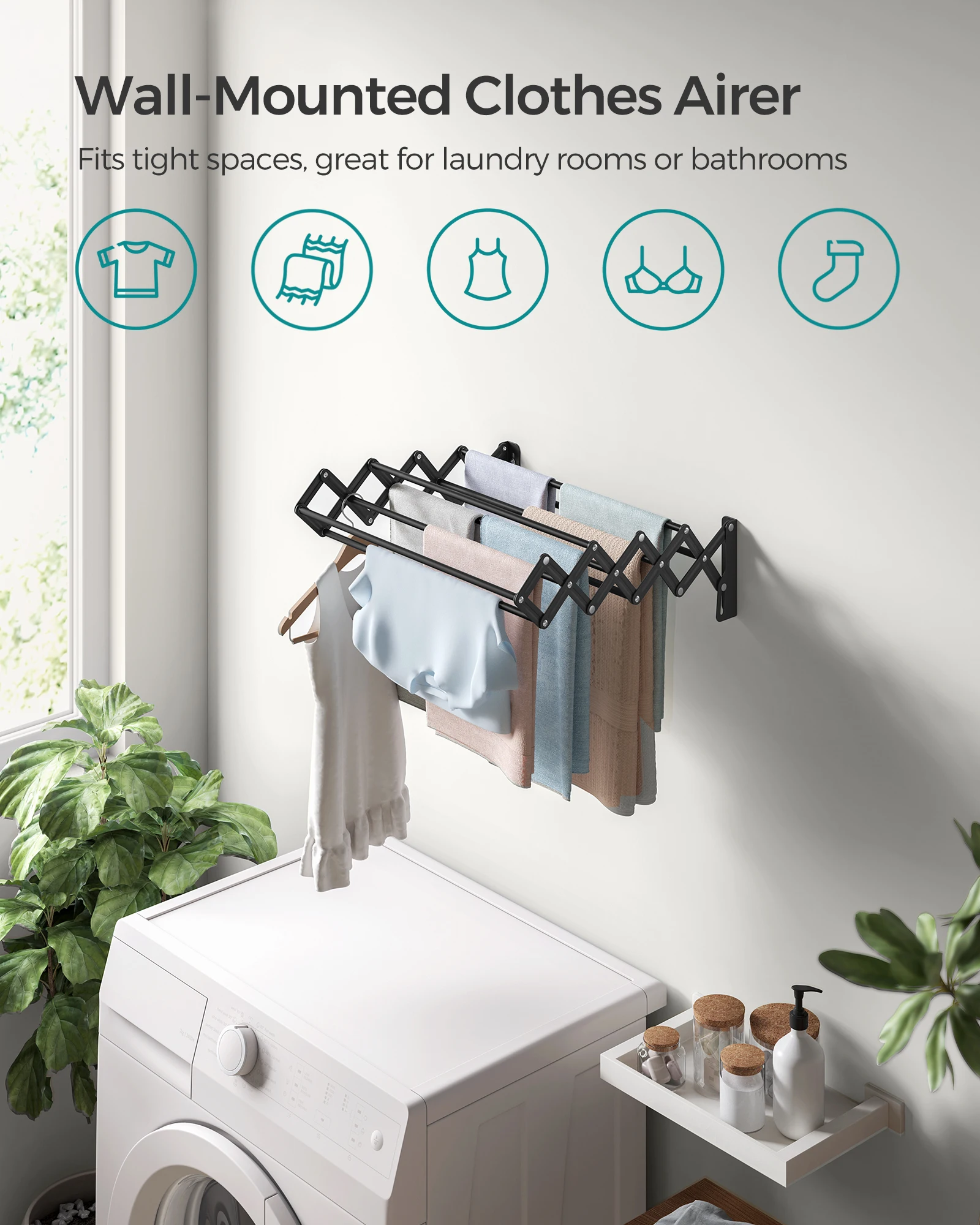 Songmics Wall Mounted Accordion Laundry Rack Folding Clothes Hanger ...