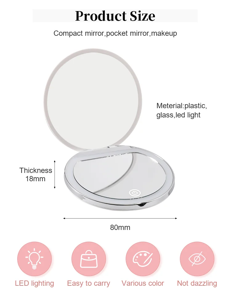 Cute Touch Mini Round Compact Light Mirror Beauty Vanity Cosmetic Double Side Pocket Travel Led Makeup Mirror With Lights