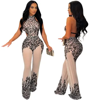 2022 boutique clothing sleeveless sequin mesh see through jumpsuit women halter backless one piece sexy jumpsuit