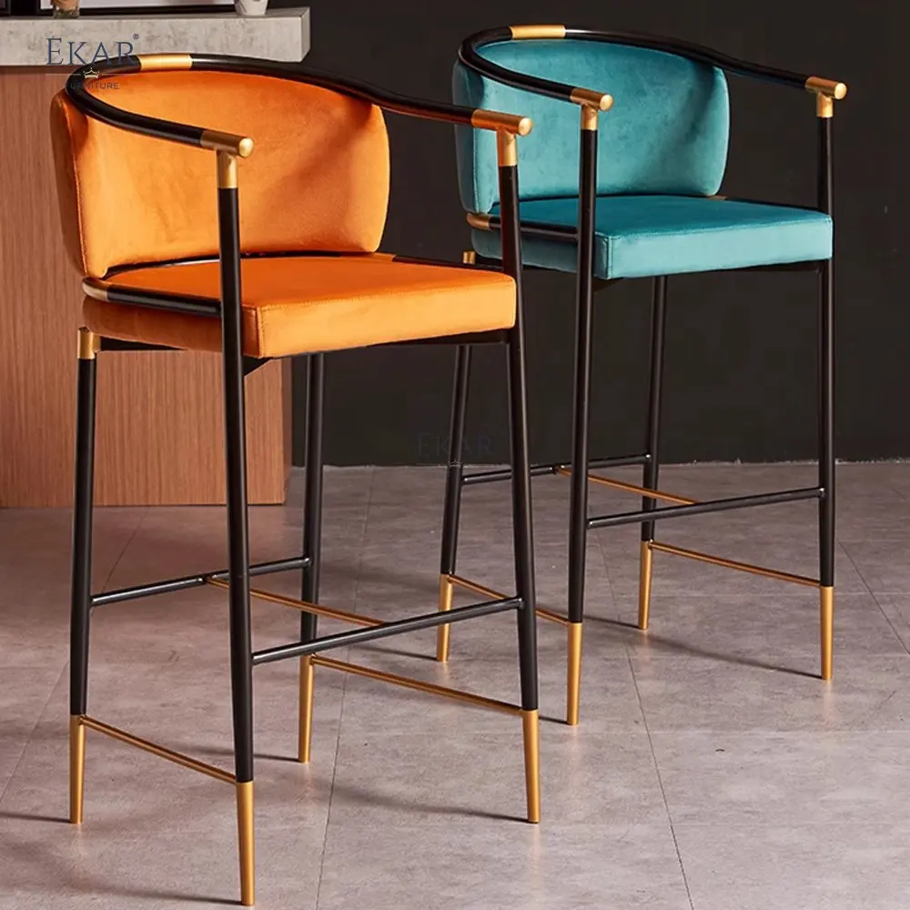 Modern High Gloss Black and Champagne Gold Metal Bar Stool Contemporary Leather Dining Chair for Home Bar Apartments Bedrooms details