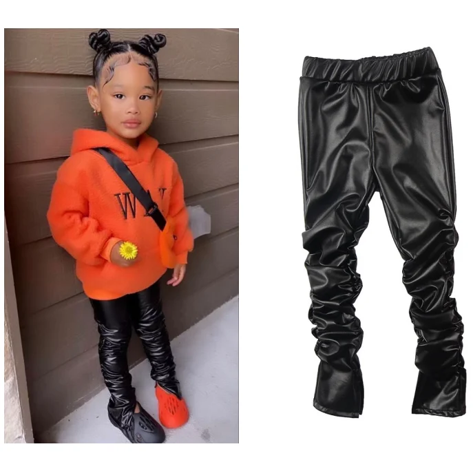 Latest Wholesale Kids Winter Fall Faux Leather Leggings   Black  Toddler Girls Stacked Pants Set Can Add Logo With Small Moq   Buy Kids  Winter And Fall Straight Pants,Faux Leather Straight/stacked