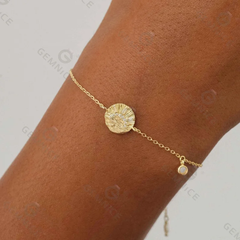 Gemnel 925 Silver 14k Gold Irregular Surface baguette Zircon Sun Coin Opal Bracelet for Women