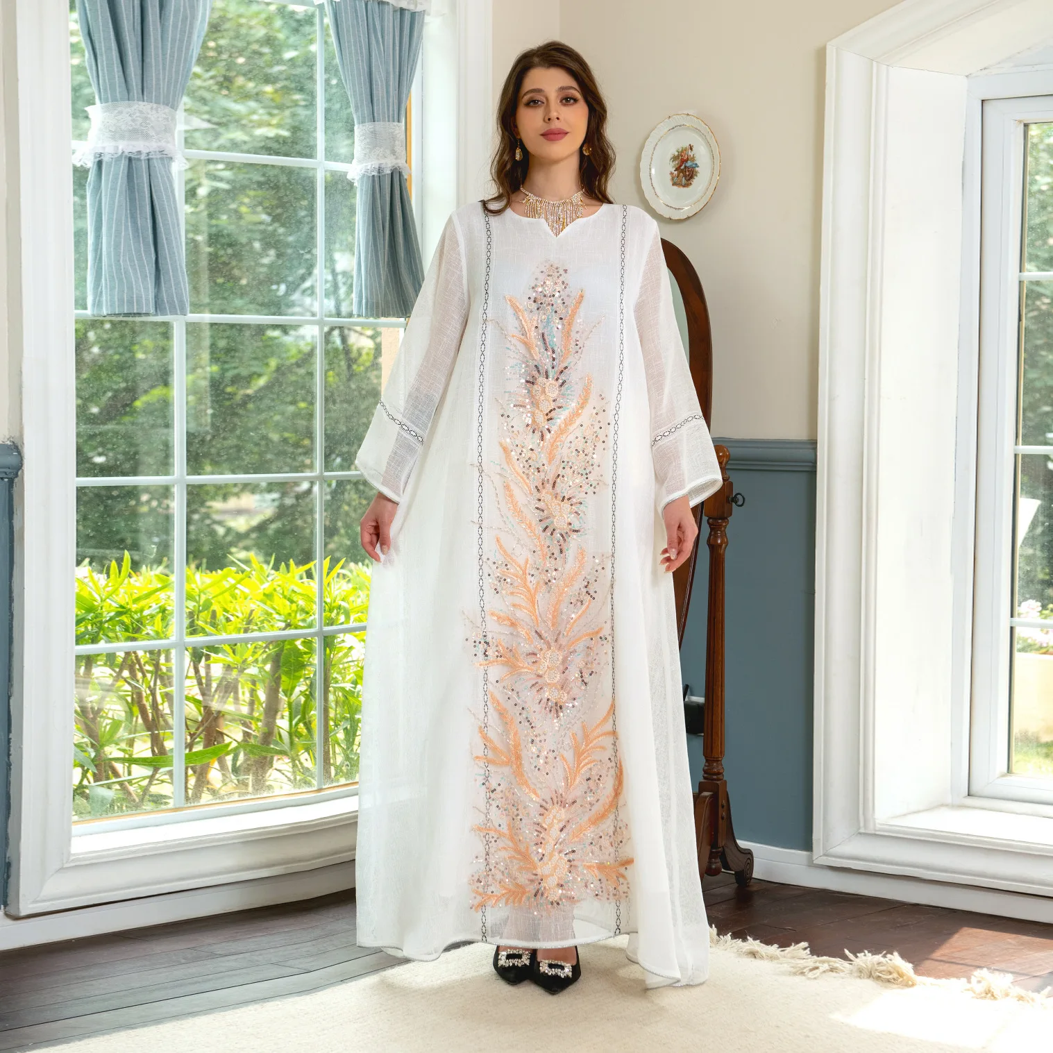 Hot Selling Islamic Clothing Arab Lady Abaya White Beadings Sequins Ramadan  Muslim Women Fancy Prom Modest Dress
