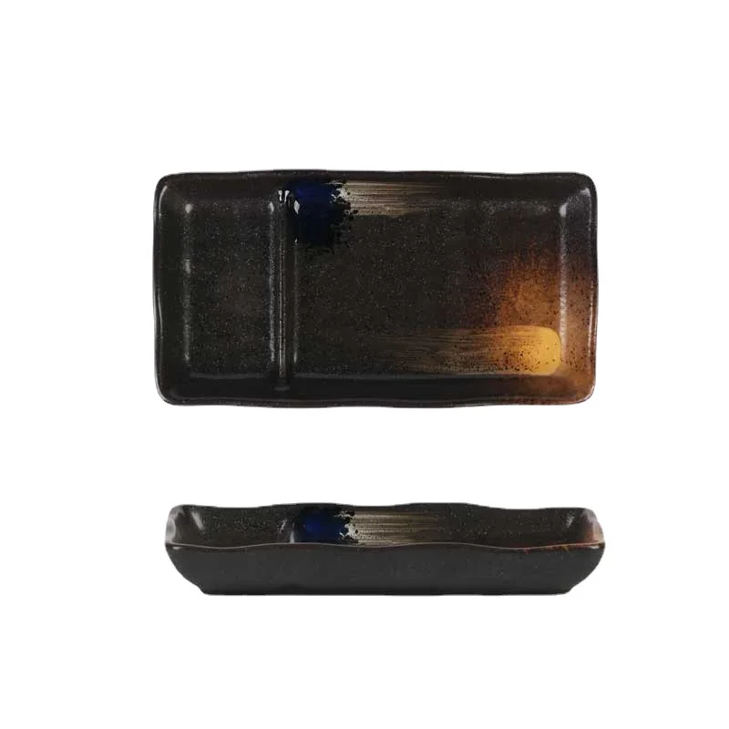Rectangular Japanese Sushi Plates Black Matte Creamic 2 Compartment Plate Eco-Friendly Ceramic Divided Dumplings Dish