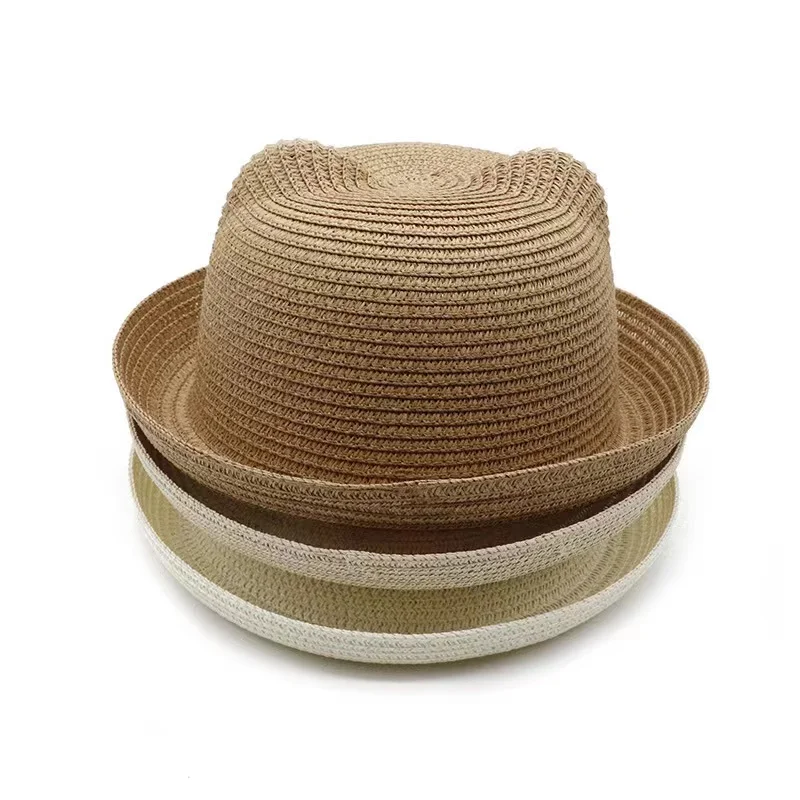 Unisex Cute Cat Ears Paper Straw Boater Hat for Kids Summer Outdoor Fun with Plain Design