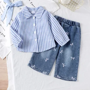 Spring Autumn Infant Baby Girl Set Long Sleeve Striped Shirt Bowknot Embroidery Jeans 2pcs Toddler Fall Clothes for Kids