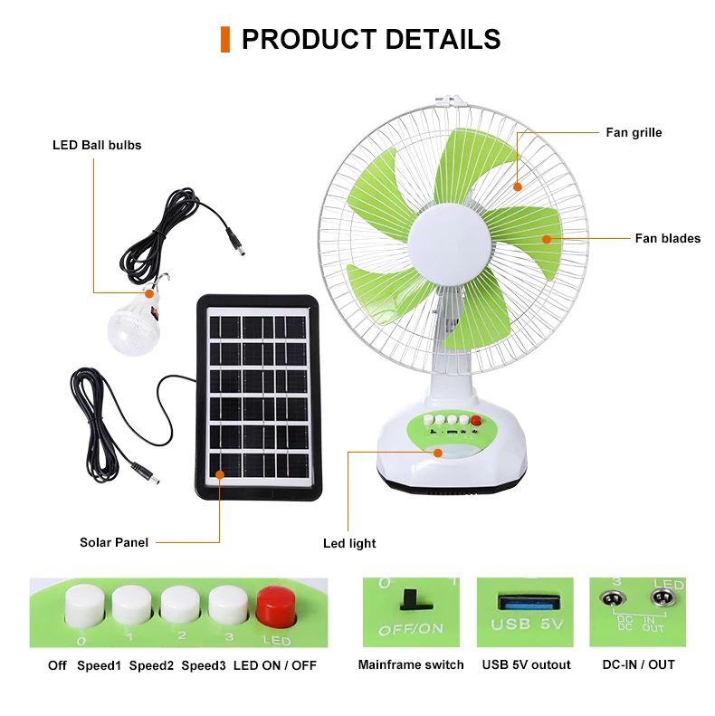 12inch solar rechargeable fan for home solar fan with led light solar fan with solar panel