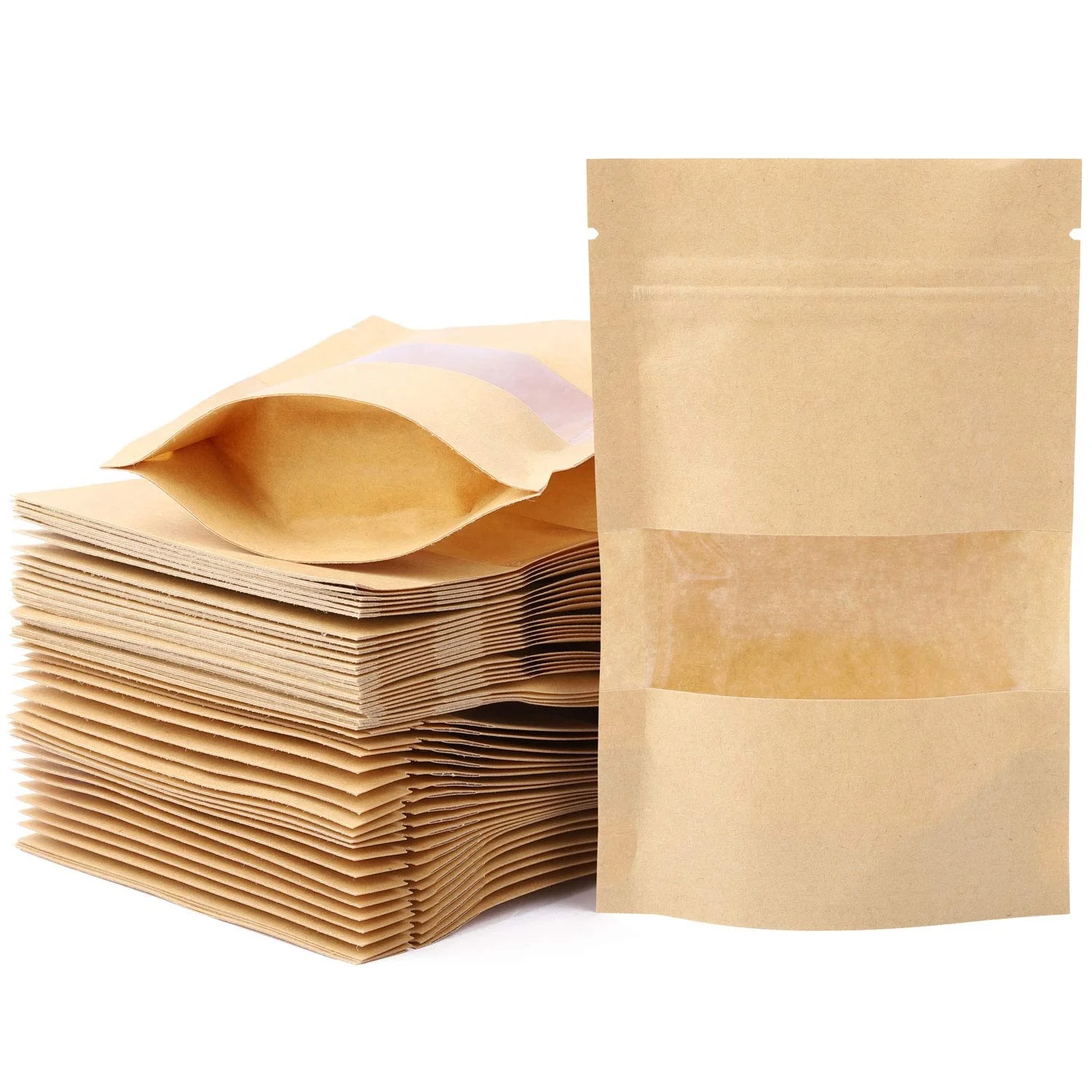 Custom Kraft Paper Coffee Bags with Moisture Proof Window Promotional Ziplock Edible Pouch for Food Tea Stand Packaging Pet Food