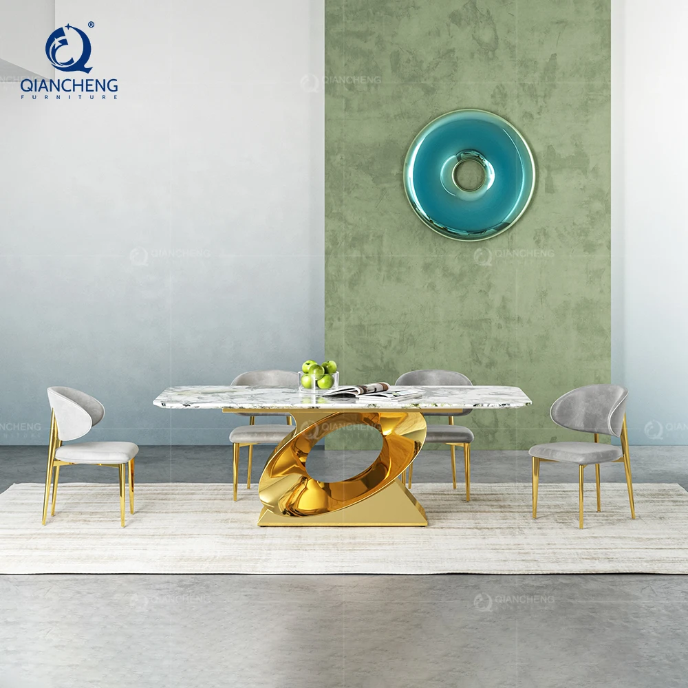 Luxurious Kitchen Diining Room Suite Tablel 4 Seater Set Base Metal Chrome Rectangle Marble White High Gloss Mirror Dining Table