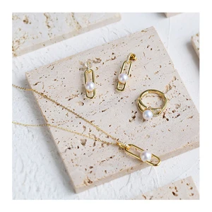 Gold Plated S925 Silver Paper Clips Elegant Design Earrings Ring and Necklace Freshwater Pearl Geometric Jewelry Set for Women