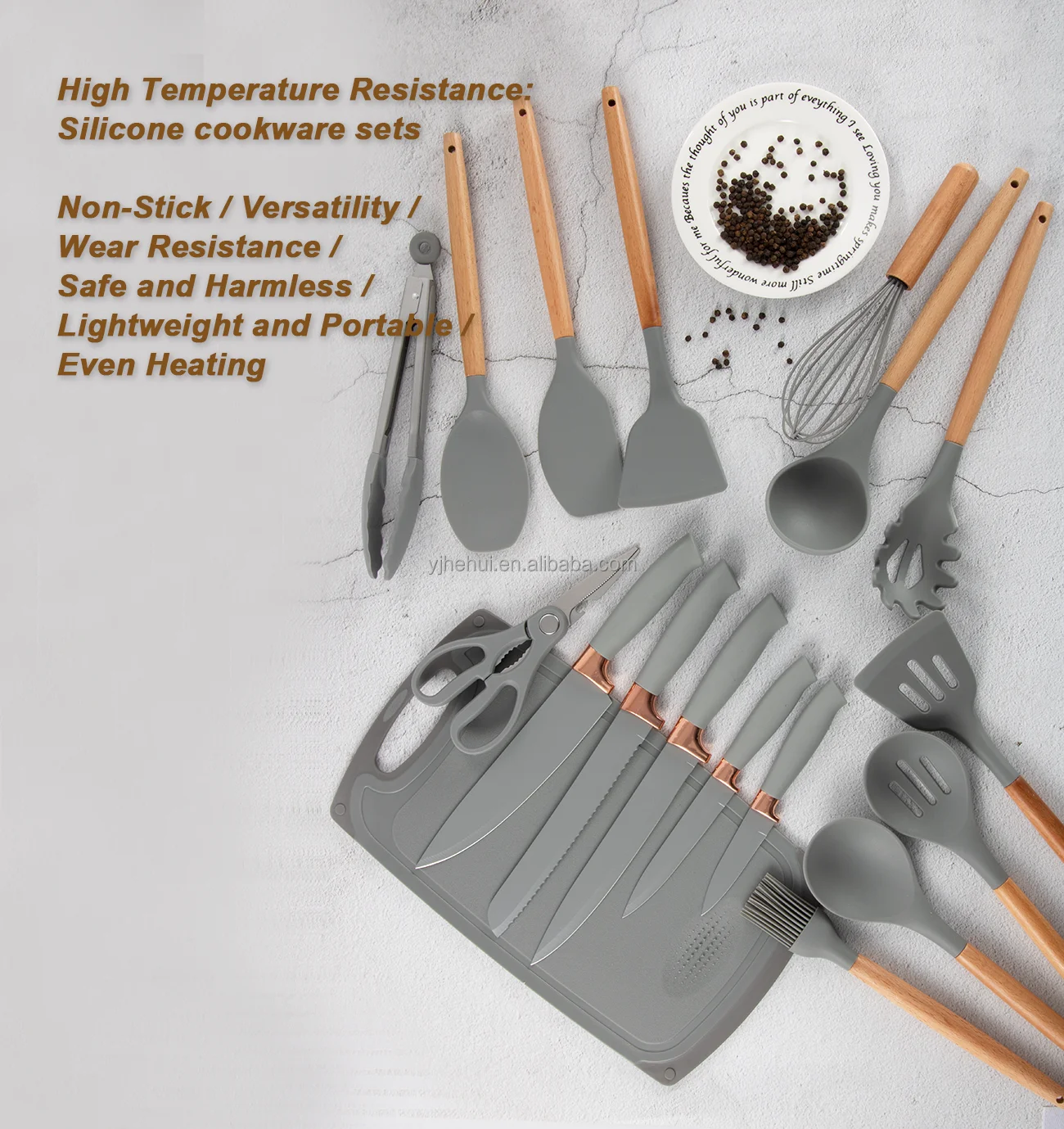 Newest 19 Piece Set Of Silicone Kitchen Utensil Set With Wooden Handle   H7e0fe5db53724b50b74920d6110abcdeV 