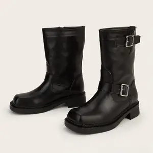 BUSY GIRL CXX182 Mid Calf Women's Black Leather Mid Calf Boots Square Toe Double Buckle Punk Style Handsome Knight Boots