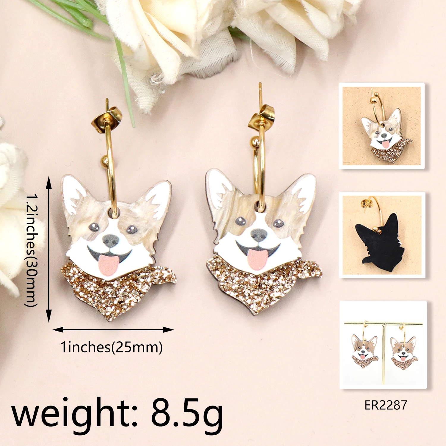 MD155ER2287  High Quality Corgi Dog Acrylic Hoop Earrings for Women Rectangle Rounded Design for Anniversary Cute Animal Lovers details