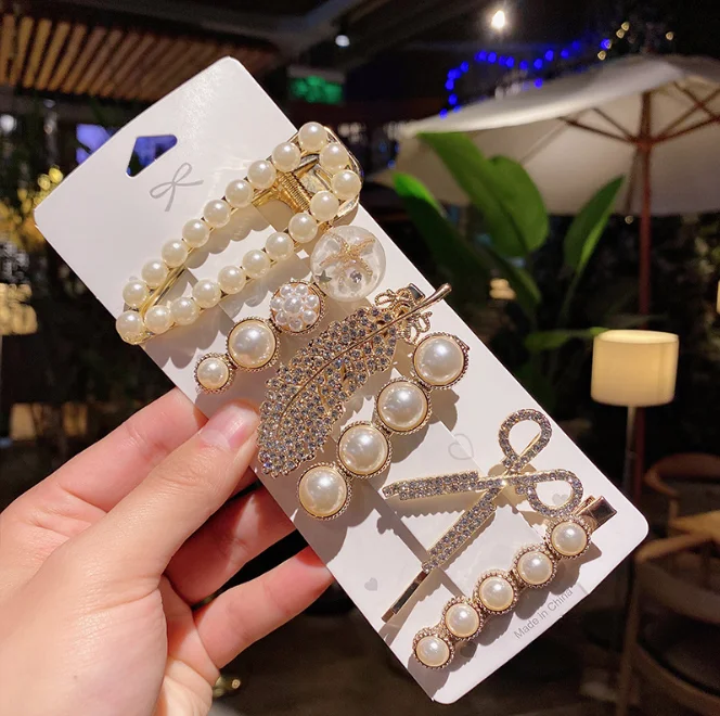 South Korea Dongdaemun 6pcs/set Temperament Side Clip Wild Net Red Pearl Bow Knot Broken Hair Black Bear Hairpin