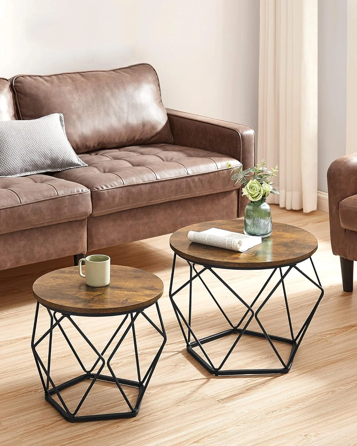 Combohome Living Room Furniture Metal Frame 2-tier Wood  Top Round Coffee Table with Storage Shelf