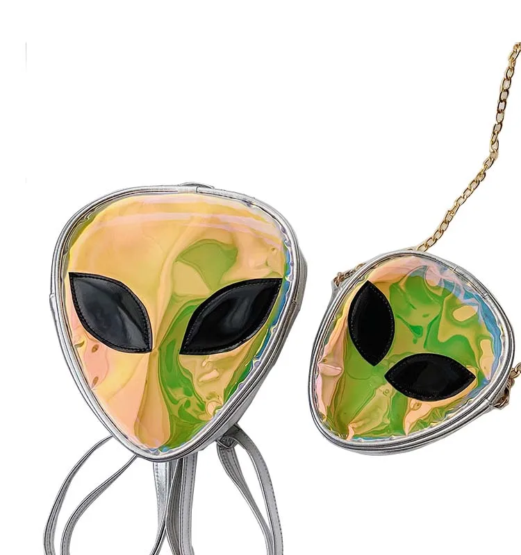 Silver Satchel Faxu PU Shoulder Bag- Alien Kawaii Holographic Backpack-Fashionable Small Bag