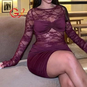 GX11562 Fashion 2026 Fall Clothing Boutique Sexy Street Wear O-Neck Lace Patchwork Mini Dresses Long Sleeve Elegant Party Dress